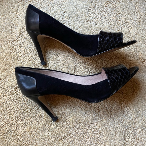 Louise et cie black leather and suede peep toe heels women shoes size 9.5 cute!! - Picture 4 of 11